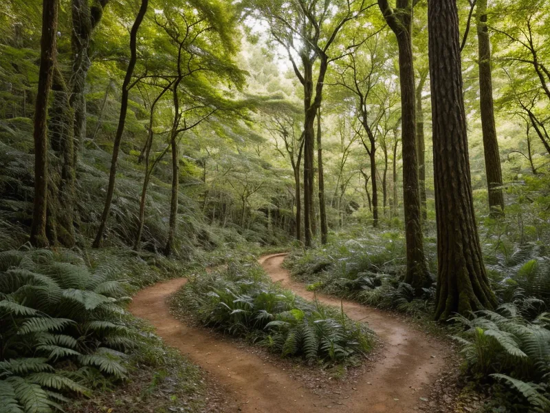 A manageable forest hiking trail with soft spring sunlight filtering through trees.