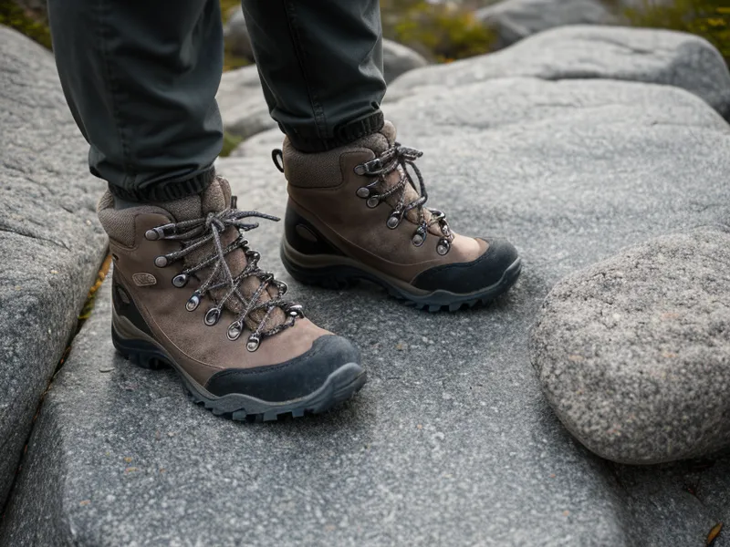 Close-up of hiking boots stepping carefully over rocky granite trail terrain.