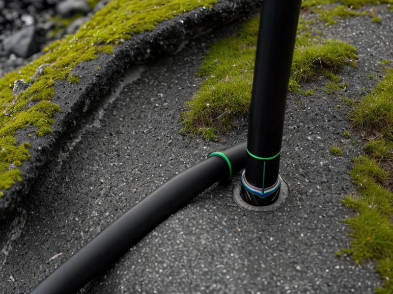 Close-up of a trekking pole tip making contact with a rocky hiking trail.