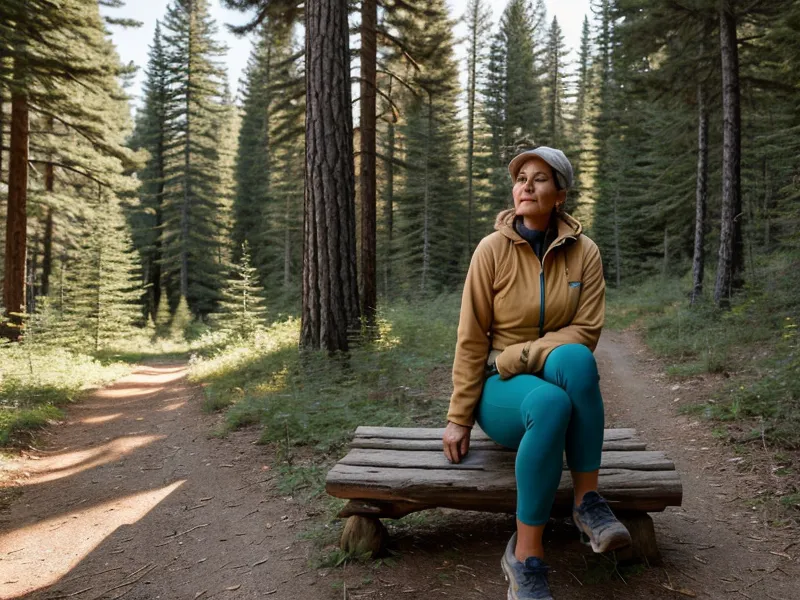A mature woman stretching her leg on a bench before a hike.