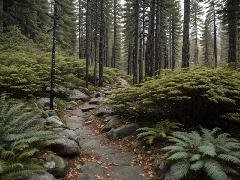 Close up of trekking poles on a rocky hiking trail with pine needles