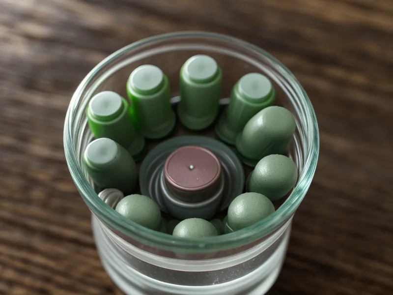 A single capsule and a glass of water on a wooden table.