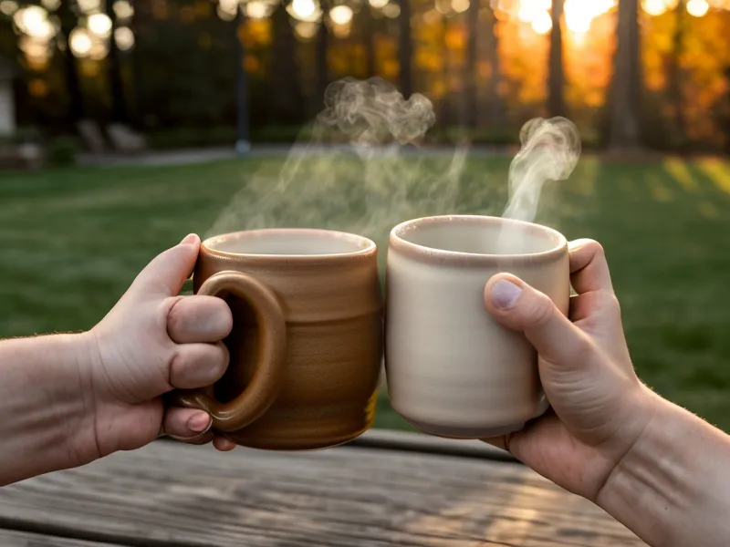 Close-up of hands holding a steaming mug outdoors in autumn.