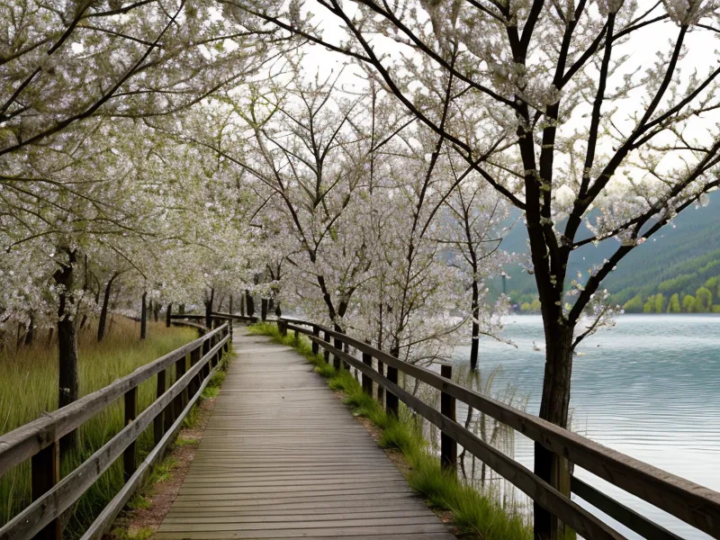 Lakeside hiking trail in spring with light rain and green buds.