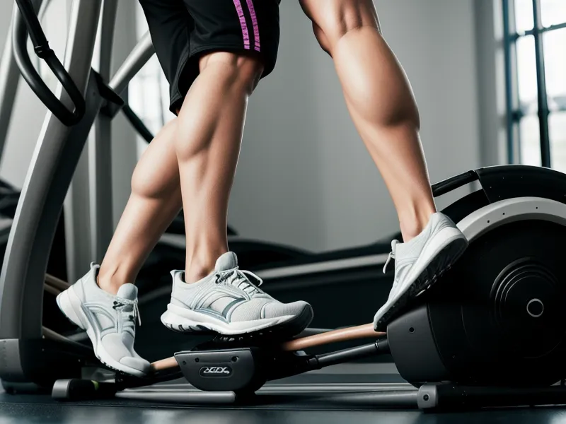 Close-up of athletic shoes on an elliptical machine in a gym