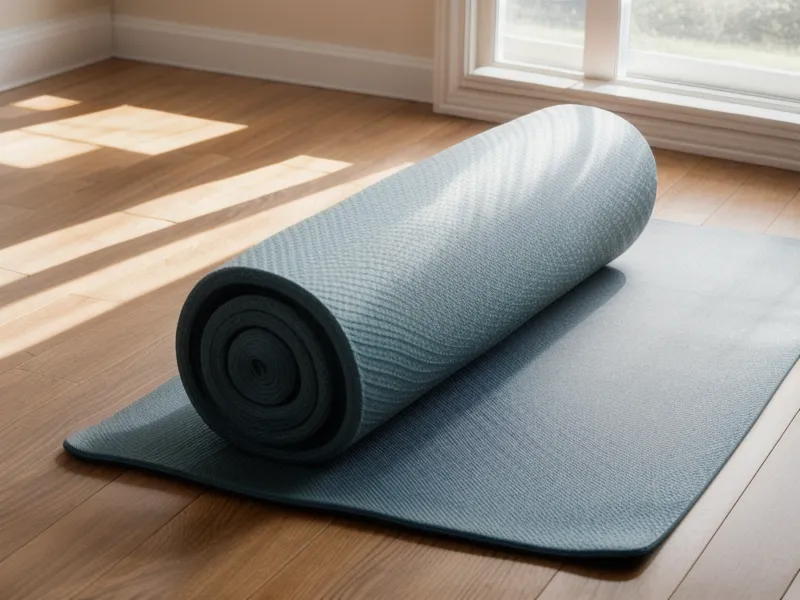 Yoga mat and resistance bands on a wooden floor in soft light