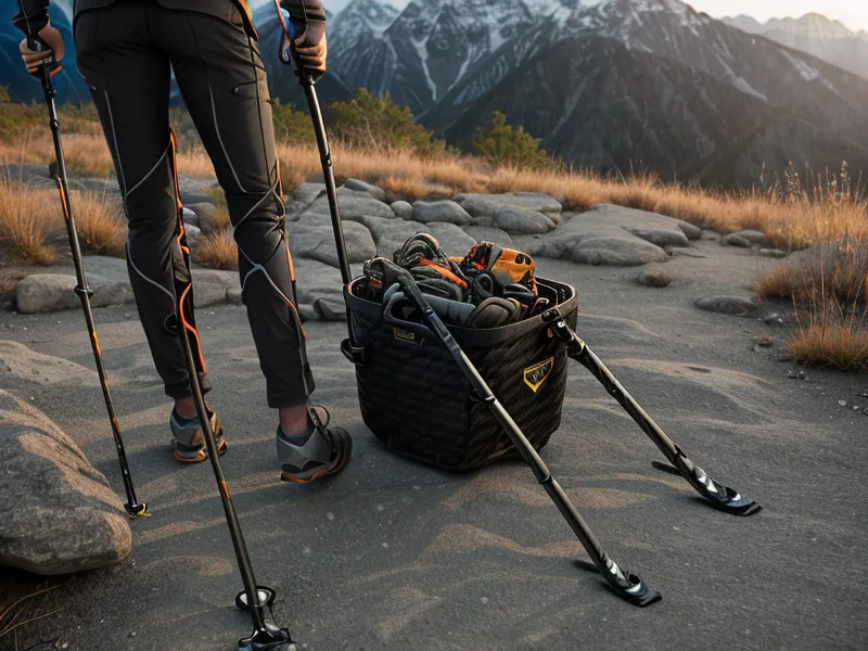 Carbon-fiber trekking poles leaning against a car at a trailhead.