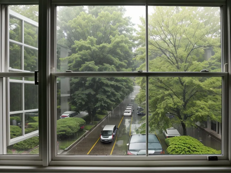 View of a rainy day from a suburban Boston office window.