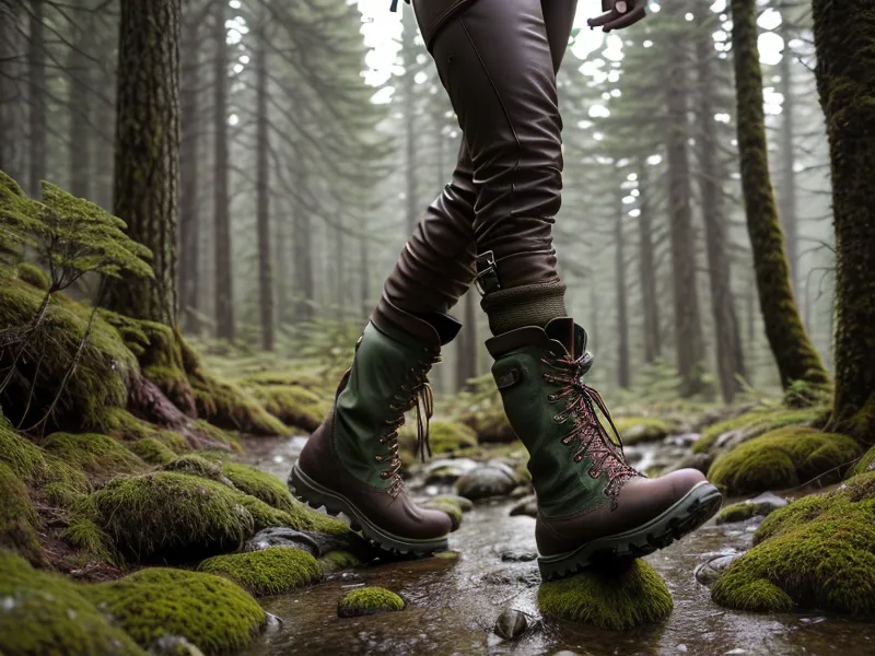 Hiking boots walking over a mossy rock on a forest trail.
